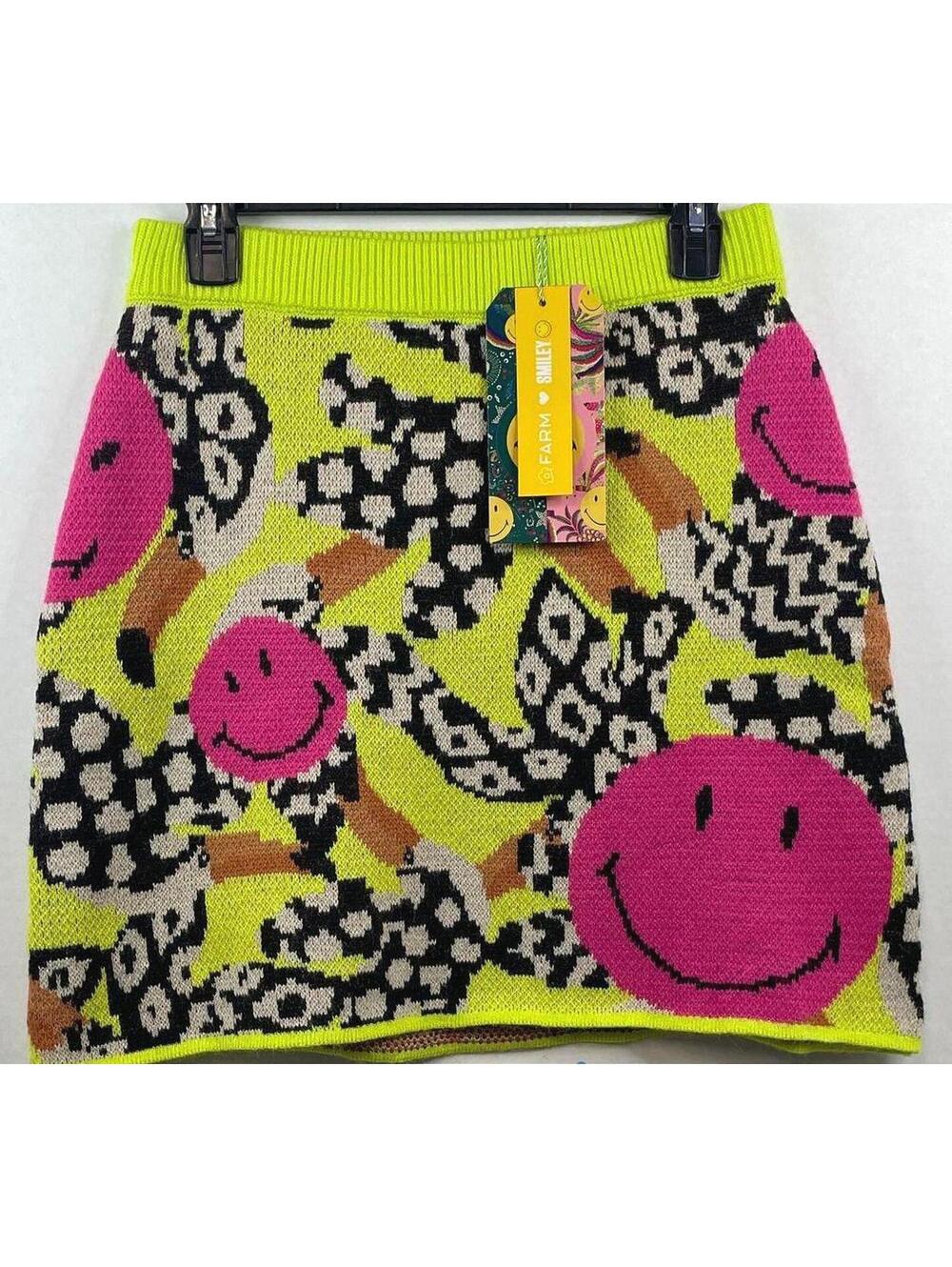 NWT RARE Farm Rio X Smiley Tucanissimo Smiley Knit Mini Skirt Medium Neon Pink